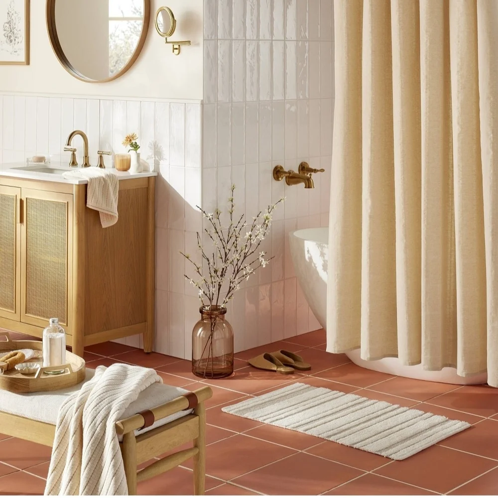 Hearth & Hand With Magnolia Textured Windowpane Shower Curtain Beige: Cotton